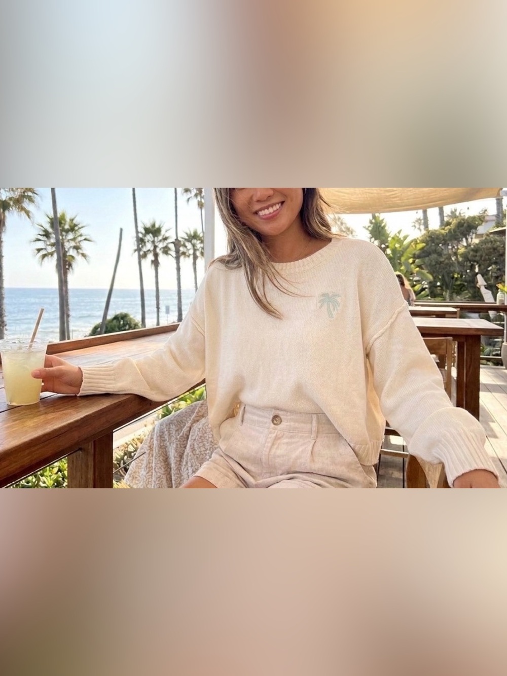 Happily Grey Brand Women's Cream Crewneck Palm-Embroidered Sweater EUC